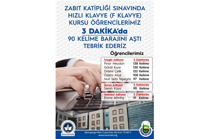 Zabit Katipliği Sınavında Hızlı Klavye (F Klavye) Kursu Öğrencilerimiz